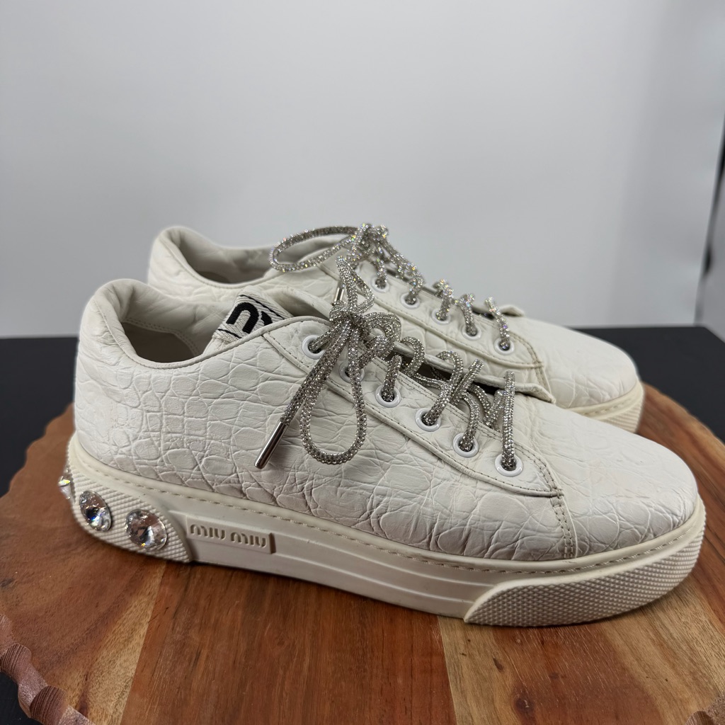 Miu Miu Crystal Skate Sneakers White Leather Croc Embossed Lace Up Bling 37 Us 7